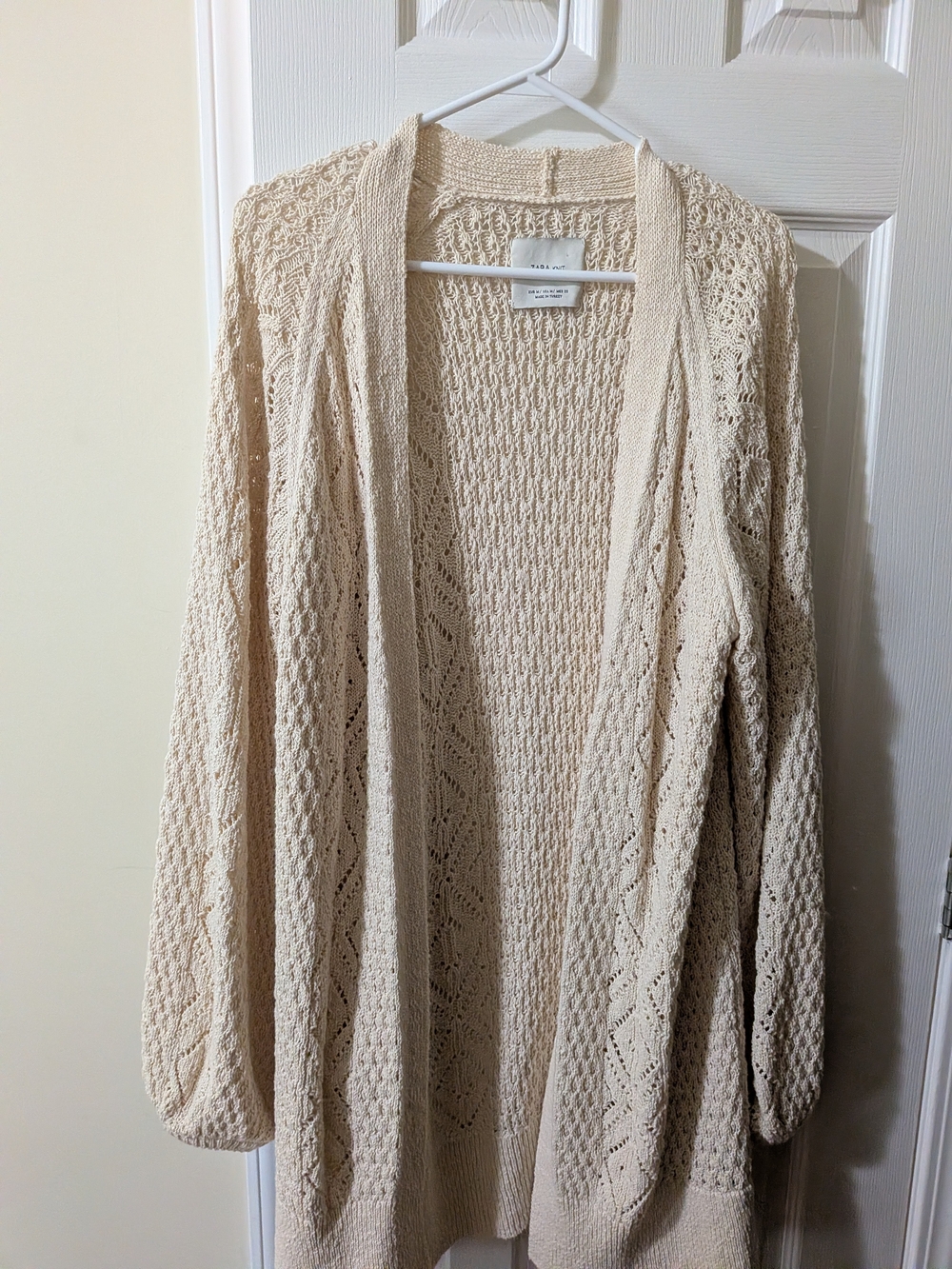 Zara Open-Front Cream Crochet Knit Cardigan